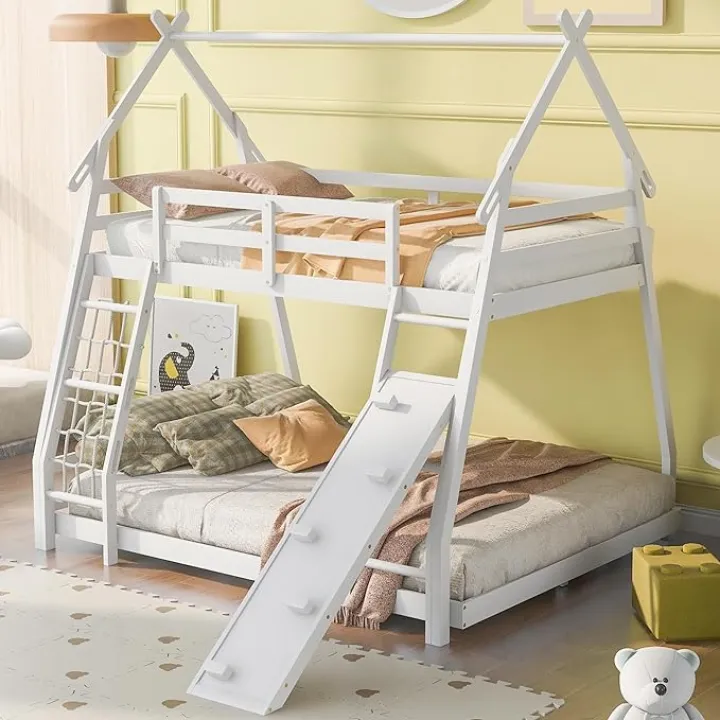 Low Bunk Bed for Kids, Twin Over Queen House Bunk Bed with Climbing Nets and Climbing Ramp, White