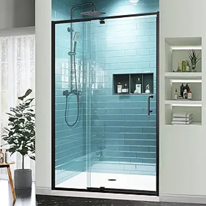 44-48" W x 71" H Semi-Frameless Pivot Swing Glass Shower Door,with 1/4"(6mm) Clear SGCC Tempered Glass,Matte Black Finish,Reversible Installation