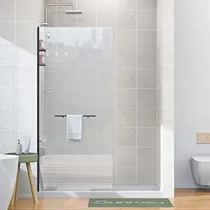 Sunrosa Frameless Glass Shower Panel 34"×76", Fixed Shower Glass Panel with Shelves in Matte Black, 3/8" Tempered Glass Shower Screen for Walk in Shower