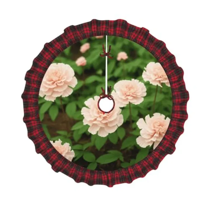 White Carnation Print Christmas Tree Skirt Red Black Plaid Border Xmas Tree Skirt Holiday New Year Party Christmas Party Decor. 30 in 36 in 48 in