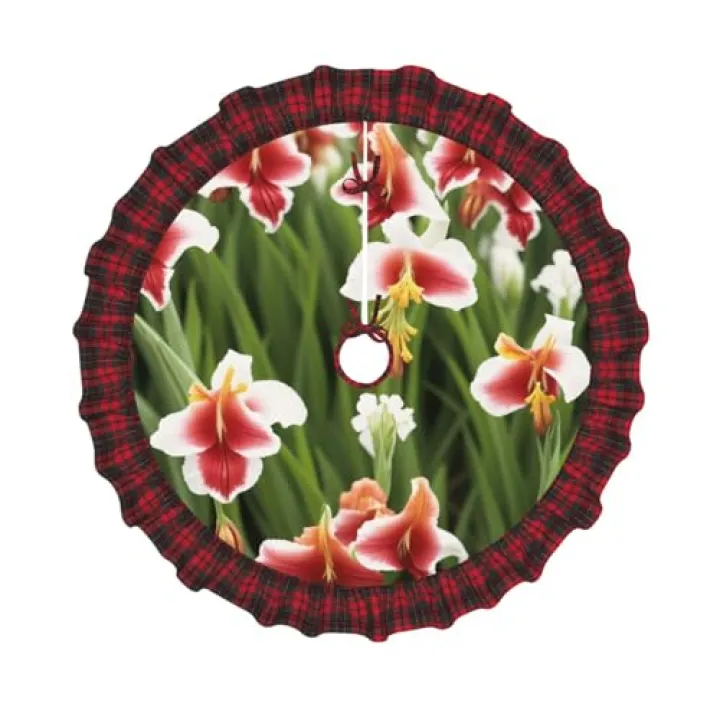 Gladiolus Flower Print Christmas Tree Skirt Red Black Plaid Border Xmas Tree Skirt Holiday New Year Party Christmas Party Decor. 30 in 36 in 48 in