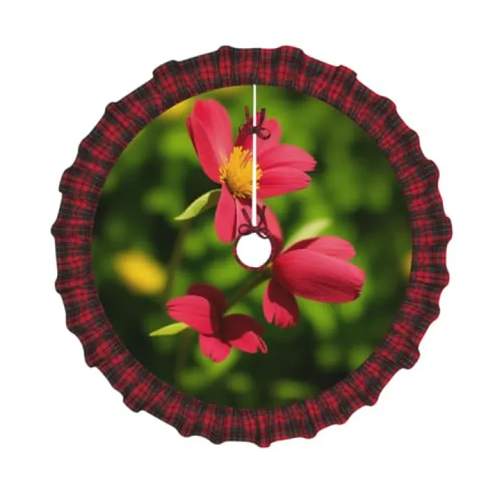 Red Flower Print Christmas Tree Skirt Red Black Plaid Border Xmas Tree Skirt Holiday New Year Party Christmas Party Decor. 30 in 36 in 48 in