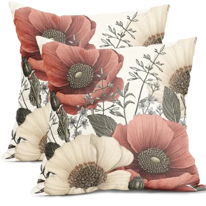 Vintage Flower Pillow Covers 18x18 Inch Rustic Floral Botanical Pattern Throw Pillow Covers Set of 2 Farmhouse Pillowcases Cotton Linen Cushion Covers for Couch Bed Sofa Chair Indoor Outdoor Decor