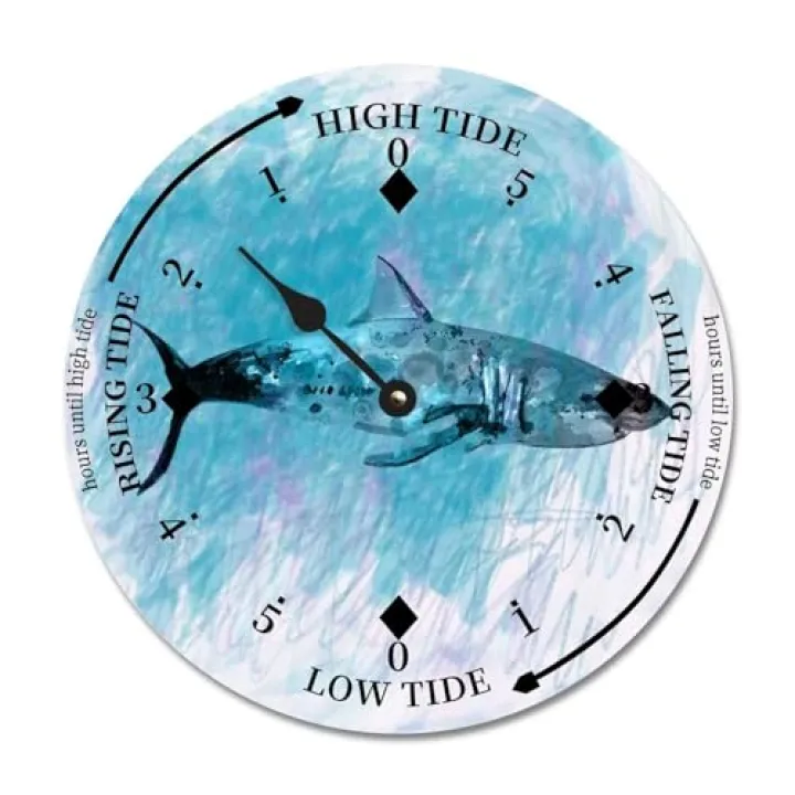 BESTORLOVE Sea Life Fish Tide Clock Nautical Beach Coastal Wood Tidal Clock with High Tide Low Tide Non-Ticking Tide Clock 12in Wall Tide Movement Clock for Wall Decor Boat Accessories