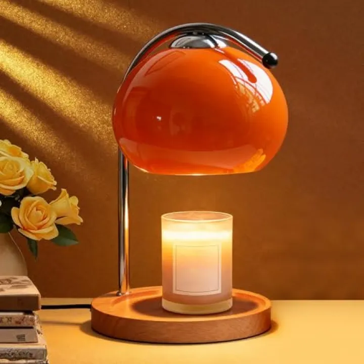 Topyond Aroma Wax Melting Lamp Retro Wood Storage Tray Glass Candle Warmer Desk Lamp Bedroom Bedside Ambient Table Lamp Home Decor US Plug for Valentine's Day(Orange Red)