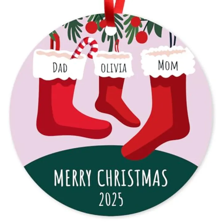 Soul Décor, Custom Christmas Ornament 2025, Personalized Stocking Decor with Name for Christmas Tree Family of Three, Velvet Pouch Included, Large 3.75" Round ACM Ornament