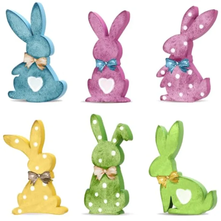 Thinkday 6 Pcs Easter Bunny Wooden Signs, Rabbit Shape Table Decor With Jute Rope and Hairball Tail, Freestanding Tabletop Decorations