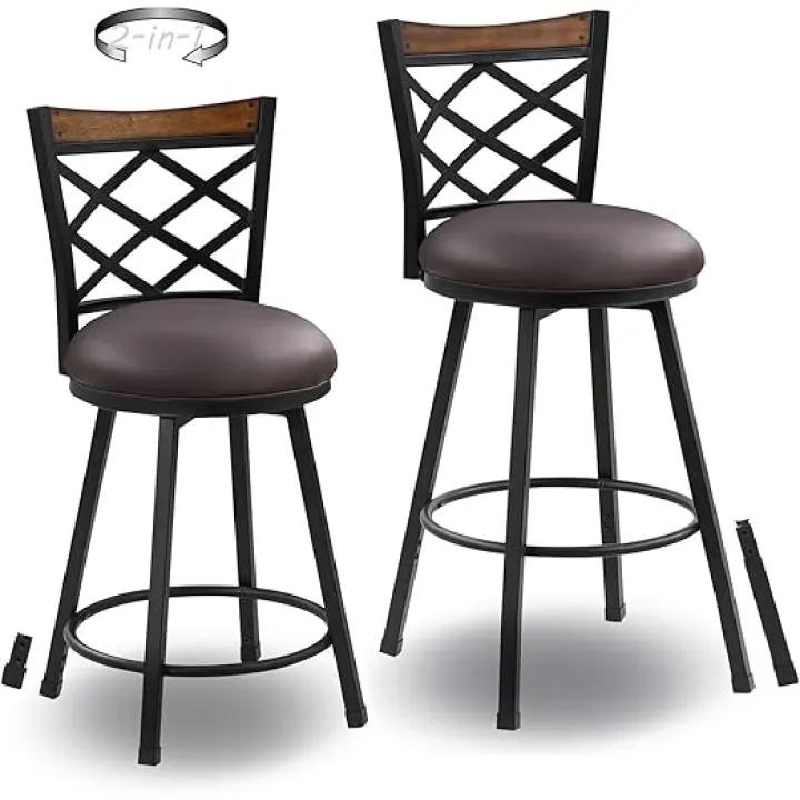 Swivel Bar Chair Set of 2, 24/29 Inch (2-in-1) Adjustable Seat Height Bar Stool with Back,Kitchen Island Barstool for Pub,360° Round Seat with Metal Base, Brown PU Leather,Black Metal,518PBR