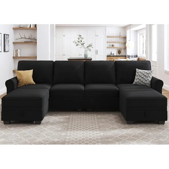 HONBAY Sectional Sofa with Storage Seat Velvet U Shaped Couch with Reversible Chaise Convertible Sectional Couches for Living Room,Black Velvet