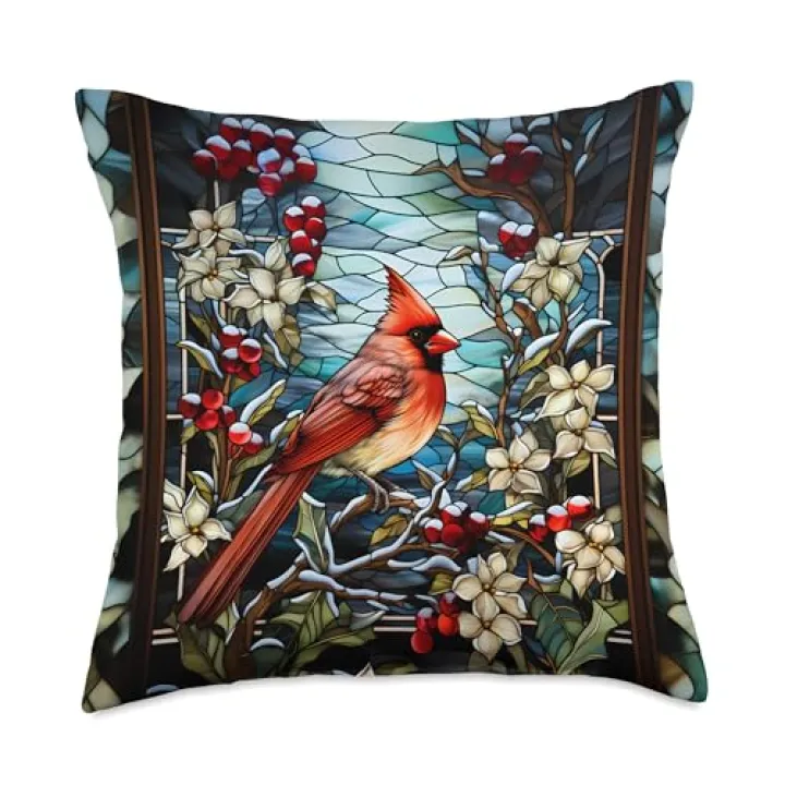 Nature's Neighborhood Cardinal on a Branch Berries Stained Glass Mosaic Style Throw Pillow, 18x18, Multicolor