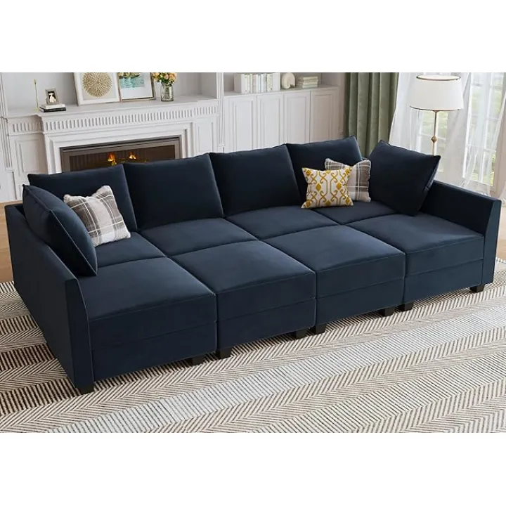 HONBAY Velvet Modular Sectional Sleeper Sofa with Storage Seats, Oversized for Living Room, Dark Blue