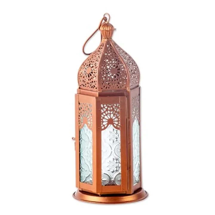 NOVICA Artisan Handmade Aluminum Glass Hanging Candle Holder Copper Toned Lantern with Decorative Metallic India Lamps Lighting Floral [Lantern 11in H x 3in W x 3in D] 'Copper Nights'