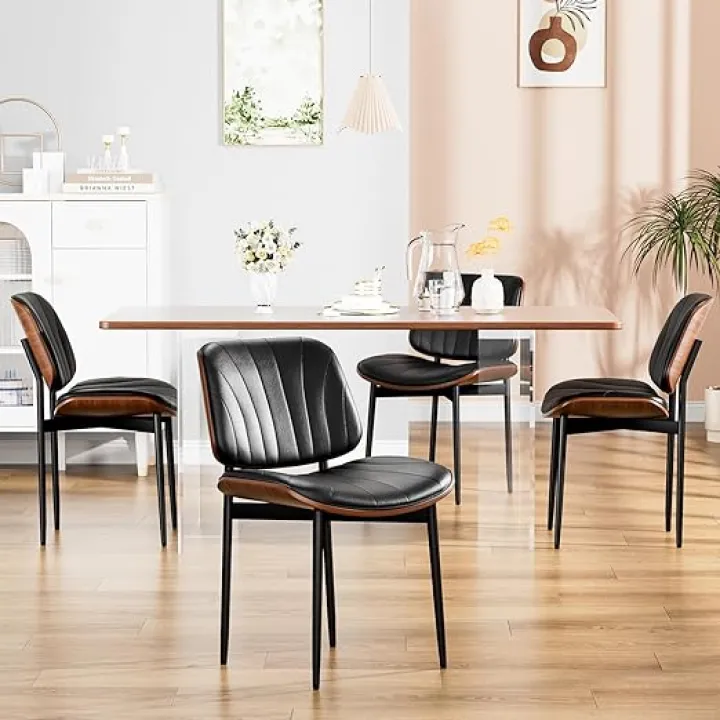 Dining Chairs Set of 4, Dining Room and Kitchen Chairs, FSC Certified Mid Century Modern Accent Chair, Upholstered PU Leather Chairs for Vanity with Walnut Bentwood and Metal Legs, Black