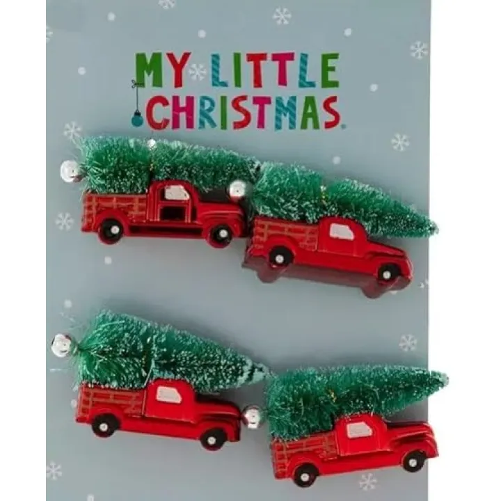 Mini Christmas Tree Ornaments for Tiny Tree (Metallic Red Truck w Tree Set of 4)