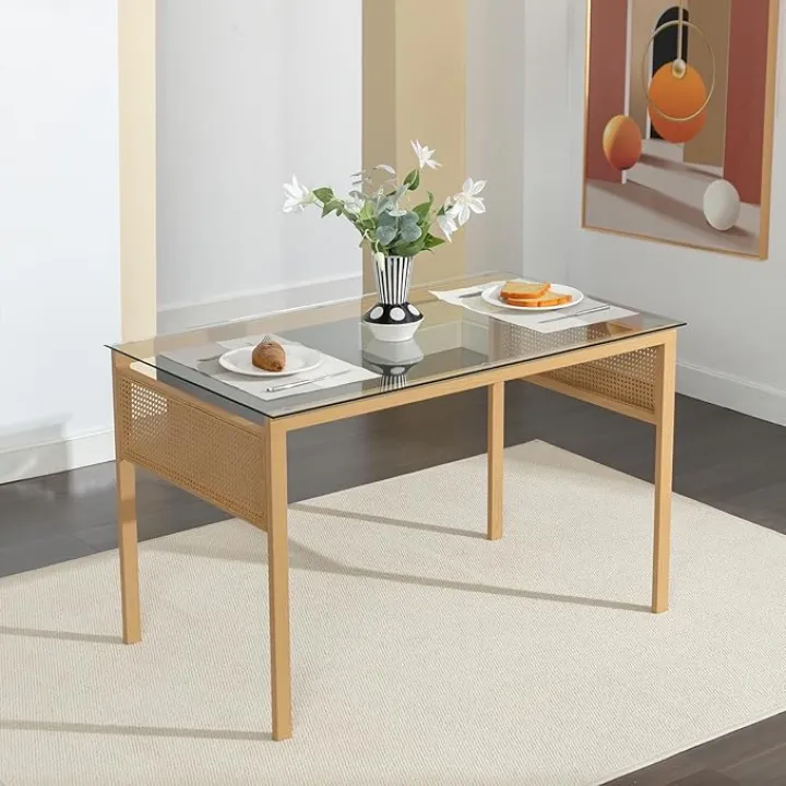 COSVALVE Boho 47 in Dining Table, Tempered Glass Tabletop with Rattan, Metal Legs, for Kitchen Dinner Living Room Reception