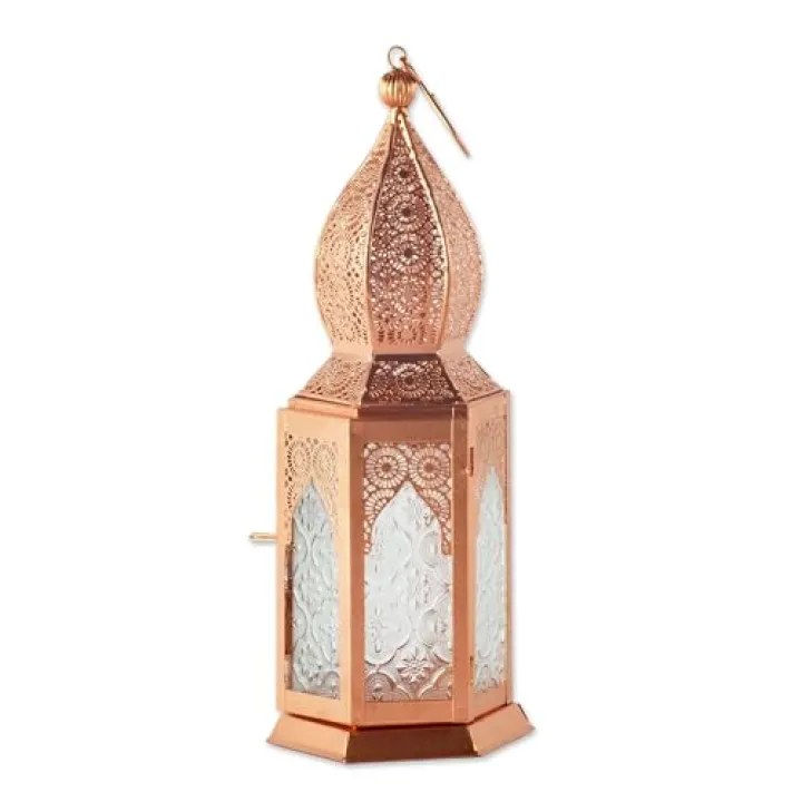 NOVICA Artisan Handmade Aluminum Glass Hanging Candle Holder Copper Toned Lantern with Decorative Metallic India Lamps Lighting Floral [Lantern 15.5in H x 4in W x 4in D] 'Copper Nights'