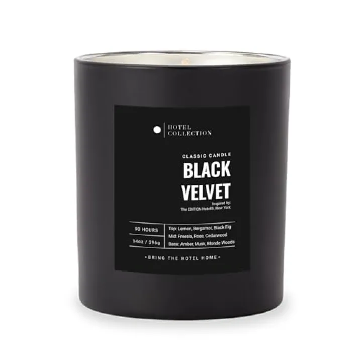 Hotel Collection - Black Velvet Single Wick Classic Candle - Hotel Inpsired Luxury Candle - 90 - Hours Burn Time - Hints of Blonde Woods, Rose, and Black Fig - 14 oz - Black