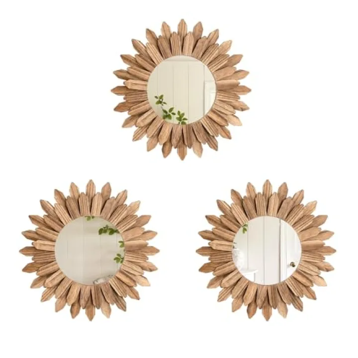 LOSOUR Boho Wall Decor Sunburst Mirror 3 Pack Rustic Round Wood Mirror 12 inch Boho Mirror Home Decor Farmhouse Room Decorations for Bedroom Living Room Entryway