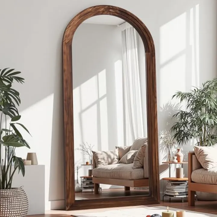 Antok Floor Mirror, Wood Full Length Mirror Wooden Full Body Mirror with Stand, Hanging Mounted for Living Room Cloakroom, 71"×32", Walnut, Arched Style