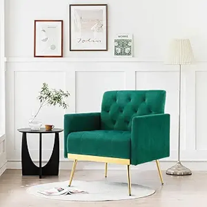 Velvet Accent Chair with Arms for Living Room, Modern Button Tufted Armchair with Metal Legs Small Comfy Upholstered Single Reading Club Chair for Bedroom Office Decorative(Green)