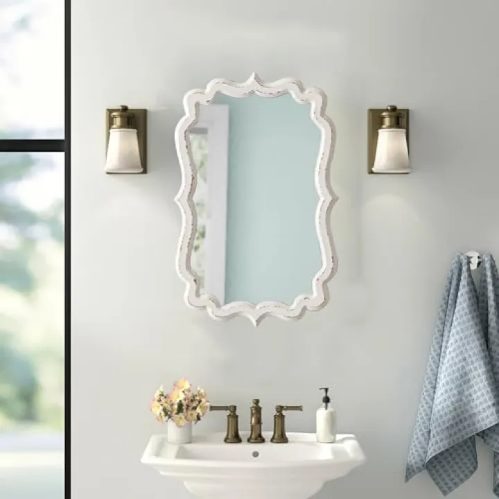 Sintosin Vintage Scalloped White Mirrors for Wall Decor Living Room 13 X 20 Inches, Distressed Finish Carved Wooden Framed Hanging Makeup Mirror, Bathroom Vanity Mirrors, Horizontal or Vertical