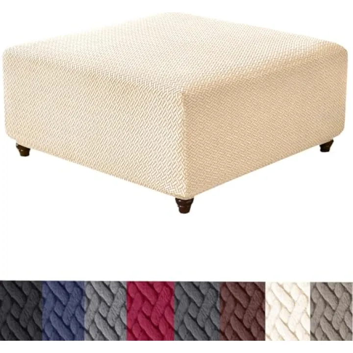 HFCNMY Ottoman Cover Square,Stretch Knitted Jacquard Ottoman Cover Thick Ottoman Slipcover Square Washable Storage Foot Stool Cover with Elastic Bottom Beige Large