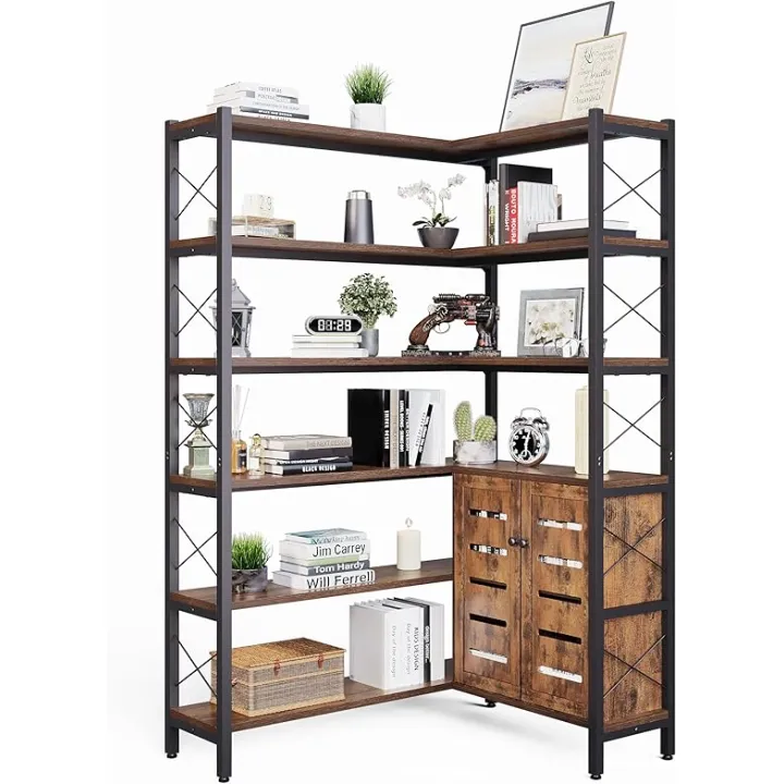 Corner Bookshelves and Bookcases Industrial Corner Etagere Bookcase L Shaped Shelf 6 Tiers with Metal Frame for Living Room Home Office
