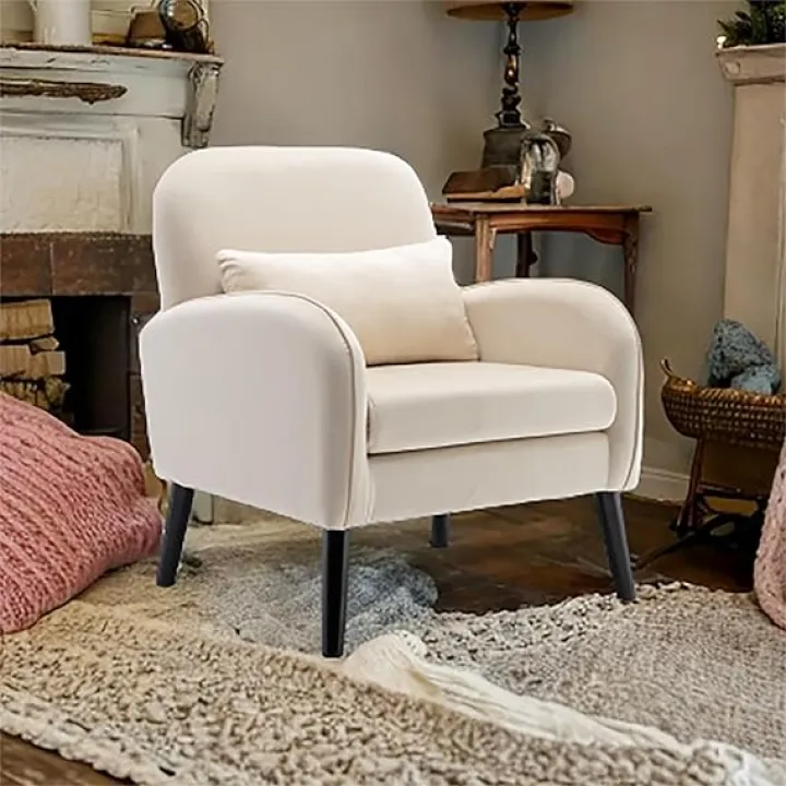 Butacas para Sala Modernas Accent Chair Upholstered Button Tufted Armchair Velvet Reading Chair with Wood Legs Guest Chair Sillones para Sala for Living Room Bedroom (Cream)