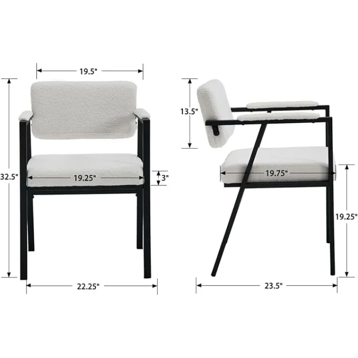 DUOMAY Modern Dining Chairs Set of 2, White Sherpa Upholstred Side Arm Chairs Mid-Century Open Back Reception Chairs with Black Metal Legs for Kitchen Dining Room Office