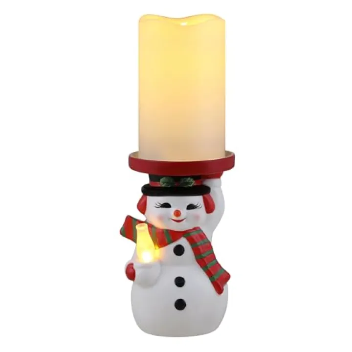 Mr. Christmas 6 in. Ceramic Lit Snowman Candle Holder and Flameless Candle
