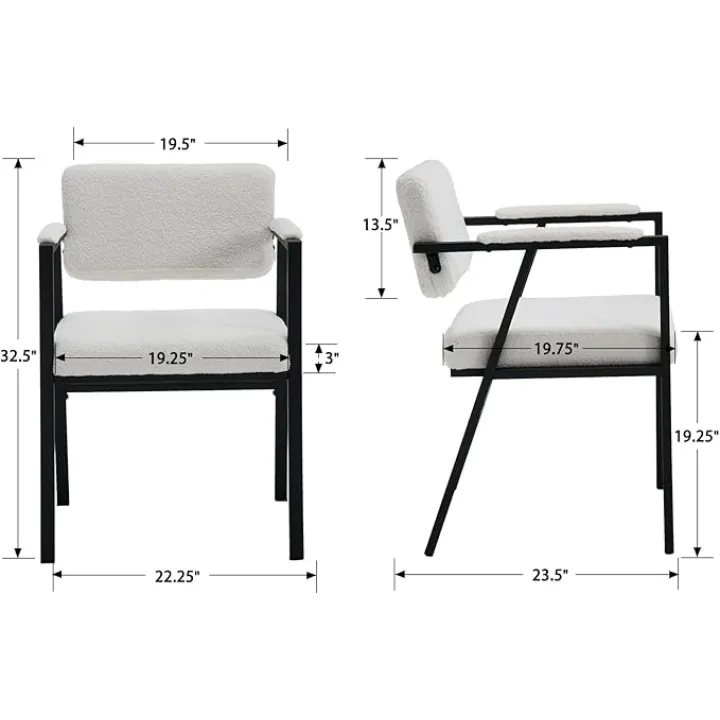 Modern Industrial Dining Chairs Set of 2, Upholstered Sherpa Fabric Dining Room Chairs Comfy Side Chairs with Black Metal Frame Backrest for Dining Room Kitchen, White