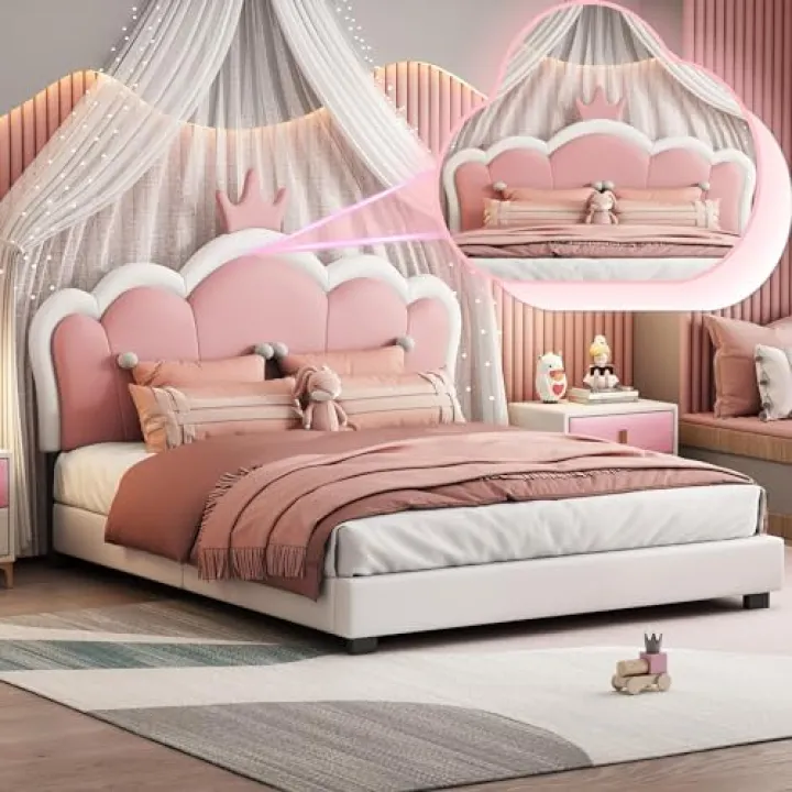 Polibi Full Size Upholstered Princess Bed with Crown Headboard, Full Size Platform Bed with Headboard and Footboard, White+Pink