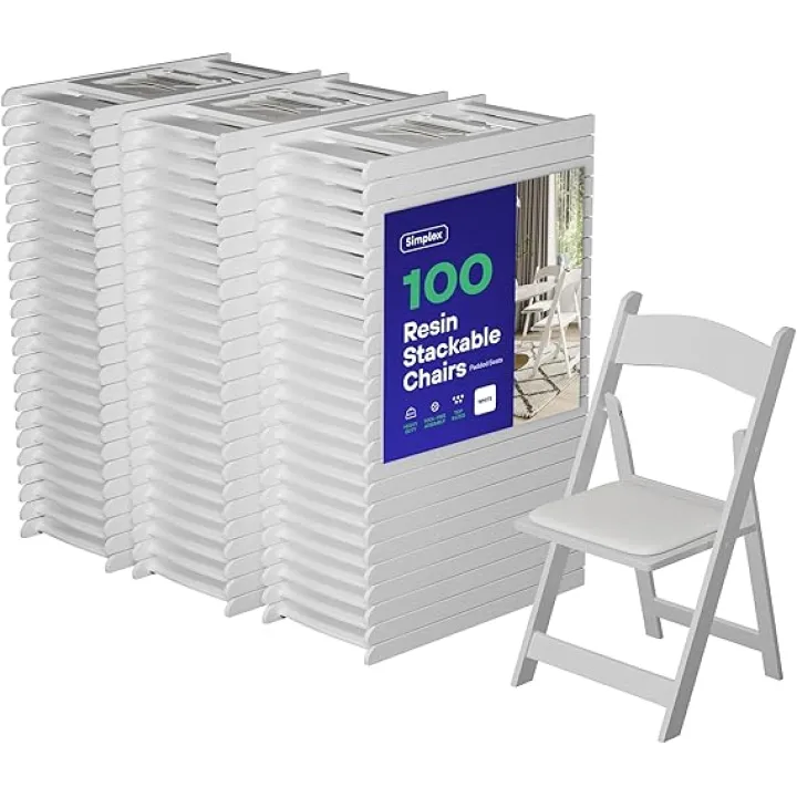 SIMPLEX 100 White Resin Stackable Chairs - Comfortable White Foldable Chair - Folding Chairs with Padded Seats - Indoor/Outdoor Folding Chairs for Events - Lightweight Foldable Chairs. (Set of 100)