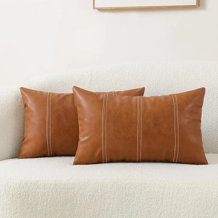 Set of 2 Faux Leather Lumbar Decorative Throw Pillow Covers 12x20 Cognac Brown Modern Farmhouse Boho Small Accent Rustic Home Decor Rectangle Cushion Cases for Couch Bed Sofa Living Room