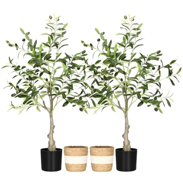 Riceshoot 2 Packs Artificial Olive Tree 3 ft Indoor Faux Olive Tree Tall Fake Silk Plant Potted with Handmade Woven Basket Arbol Artificial for Modern Home Office Living Room Garden Decor