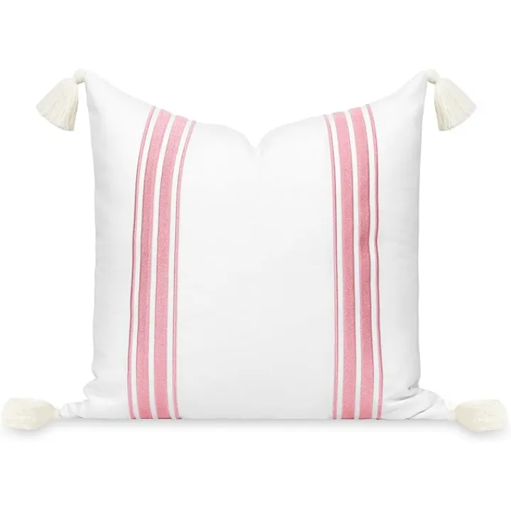 Hofdeco Premium Coastal Patio Indoor Outdoor Throw Pillow Cover Only, 20"x20" Water Repellent for Backyard, Couch, Blush Pink Embroidered Stripes with Tassels