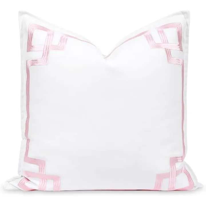 Hofdeco Premium Coastal Patio Indoor Outdoor Throw Pillow Cover Only, 20"x20" Water Repellent for Backyard, Couch, Blush Pink Embroidered Frame Greek Key