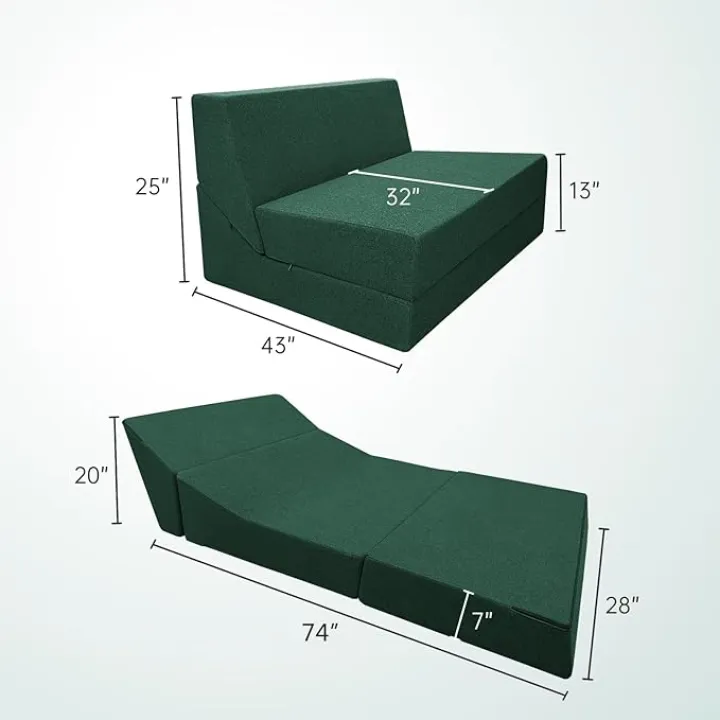 ANONER Convertible Chair Bed Sleeper with Memory Foam & Pillow Fold Out Chair Bed Couch Lounge Chaise for Living Room Bedroom Guest Room Home Office, Dark Green