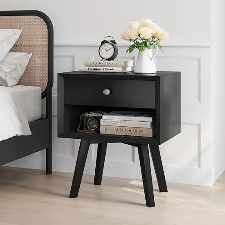 Black Nightstand, Mid Century Modern Bedside Table with Drawer, Wood End Table for Small Space, Night Stand for Bedroom
