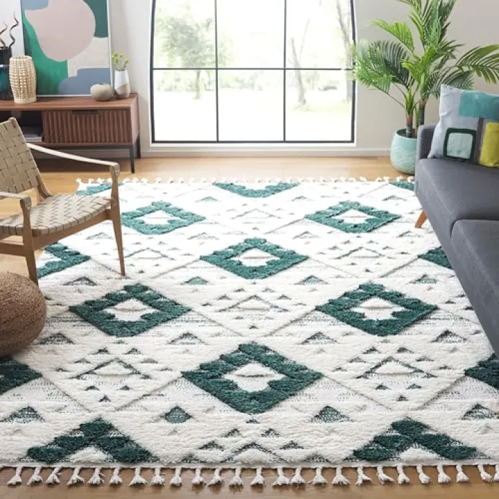 SAFAVIEH Area Rug 11x15 - Moroccan Tassel Shag Collection - Large - Green & Ivory, Non-Shedding & Easy to Clean, Plush High-Low Texture, Ideal for Living Room, Bedroom, Dining Space (MTS688Y)