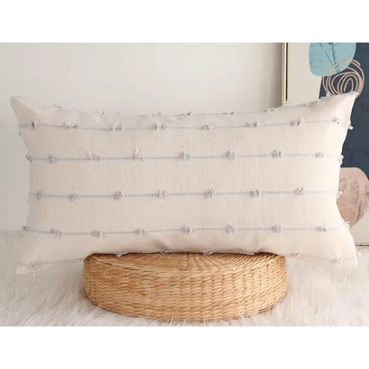 Boho Long Lumbar Pillow Covers 14 x 28 Stone Grey,Classic Striped Pattern Cotton Decorative Long Lumbar Pillow Cover Case for Sofa Couch Bed Livingroom Farmhouse,Modern Accent