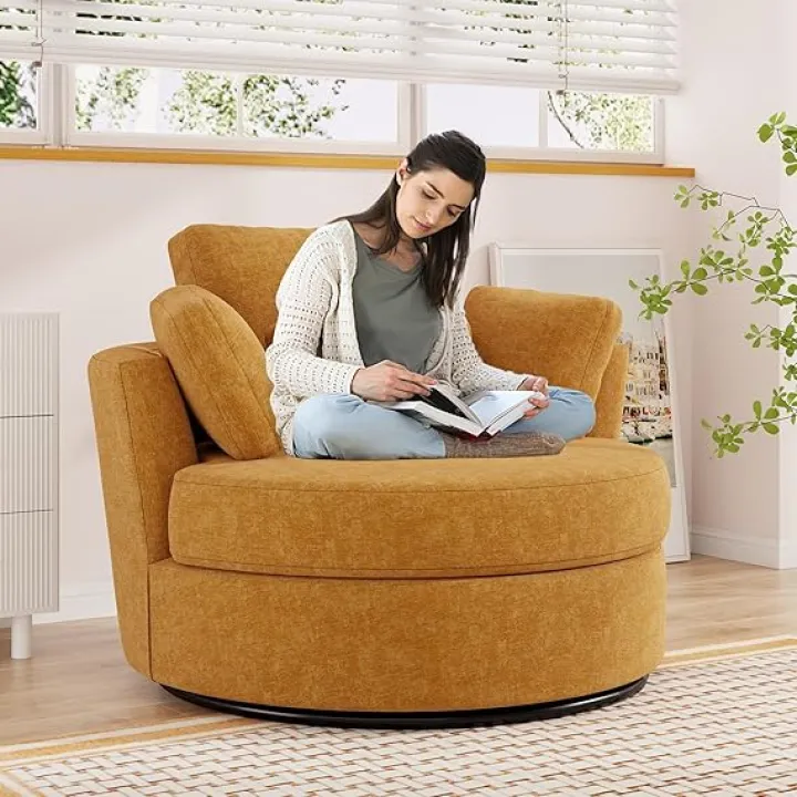 Swivel Accent Barrel Chair, 42'' W Chenille Upholstered Round Swivel Chair, 360 Degree Modern Oversized Round Armchair, Comfy Single Sofa Chair for Nursery, Living Room, Bedroom(Yellow)
