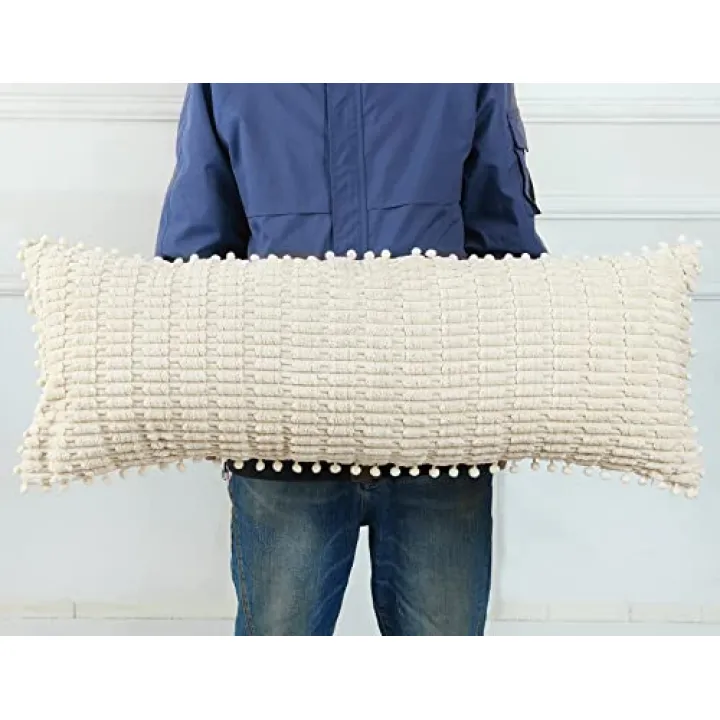 PANOD Extra Long Lumbar Pillow Cover 14x40 Boho, Super Soft and Plush Modern Decorative Long Body Pillow Cover Case for Bed, Sofa, Couch, Farmhouse, Living Room, Beige