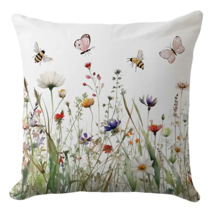 PreLiving 18'' x 18'' Spring Floral Throw Pillow Cover - Wildflowers, Bees & Butterflies Pillowcase, Spring Botanical Farmhouse Summer Decorative Cushion Case for Couch, Sofa, Home, Outdoor