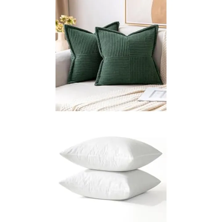 MIULEE Dark Green Corduroy Pillow Covers with Splicing Boho Striped Decorative for Christmas and Pack of 2 18x18 Feather Pillow Inserts for Sofa Bed