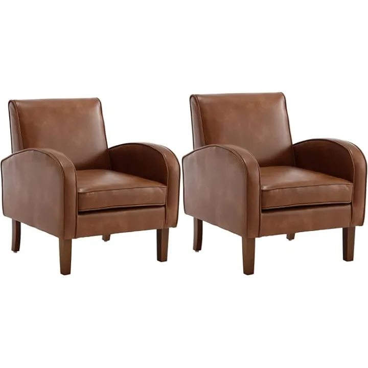 VESCASA Upholstered Accent Chairs with Wood Legs, PU Faux Leather Comfy Single Sofa with Curve Arms, Modern Side Club Leisure Chairs for Reading/Living Room/Bedroom, Set of 2, Brown