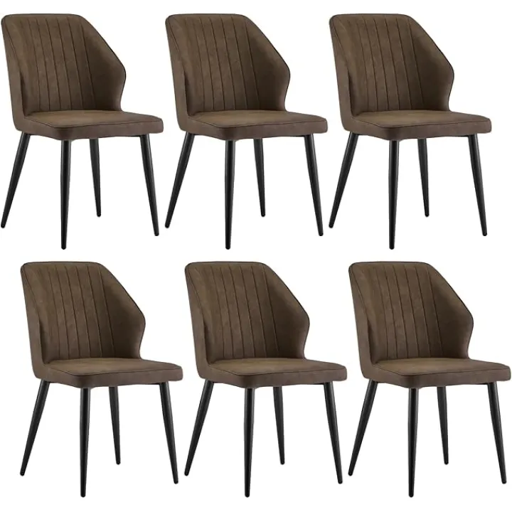 CLIPOP Faux Leather Dining Chairs Set of 6, Mid Century Modern Kitchen Chair, Upholstered Seat Leisure Side Chair with Backrests, Metal Legs for Living Room, Lounge, Guest Room, Brown