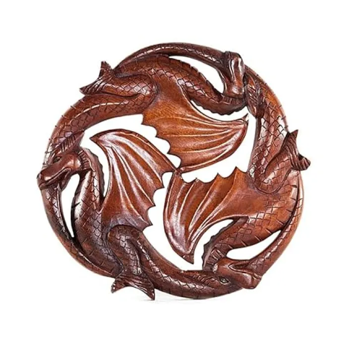 terre Hand Carved Teak Wood Dragon Wall Art - Mystical 12 inch Handcrafted Carving - Unique Traditional Wooden Sculpture, Handmade Artisan Home Decor