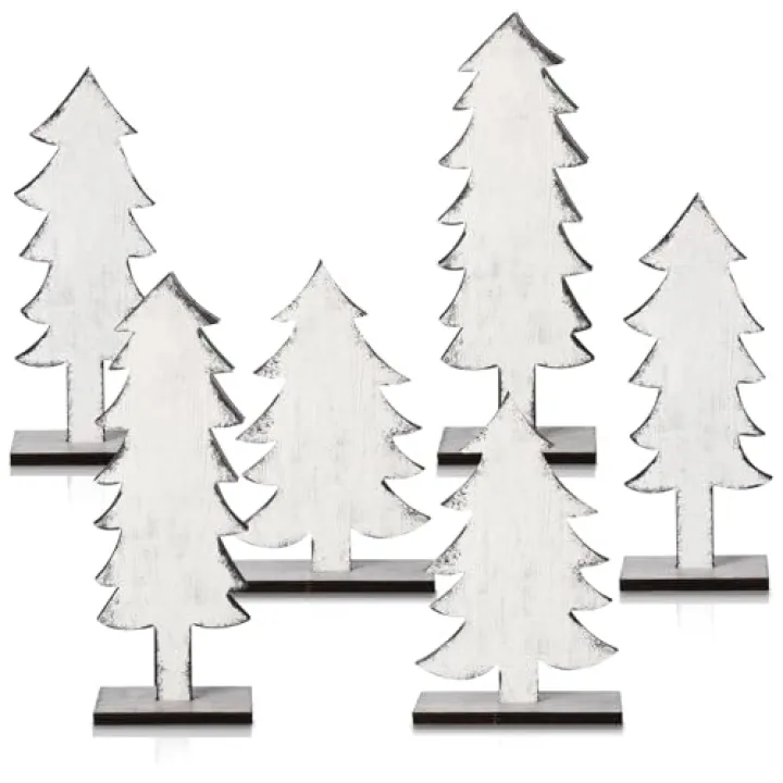 Meooeck 6 Pcs Tabletop Christmas Tree Decorations Wooden Christmas Trees with Base Standing Handmade Rustic Farmhouse Centerpieces for Tables for Home Office Xmas Decor(White)