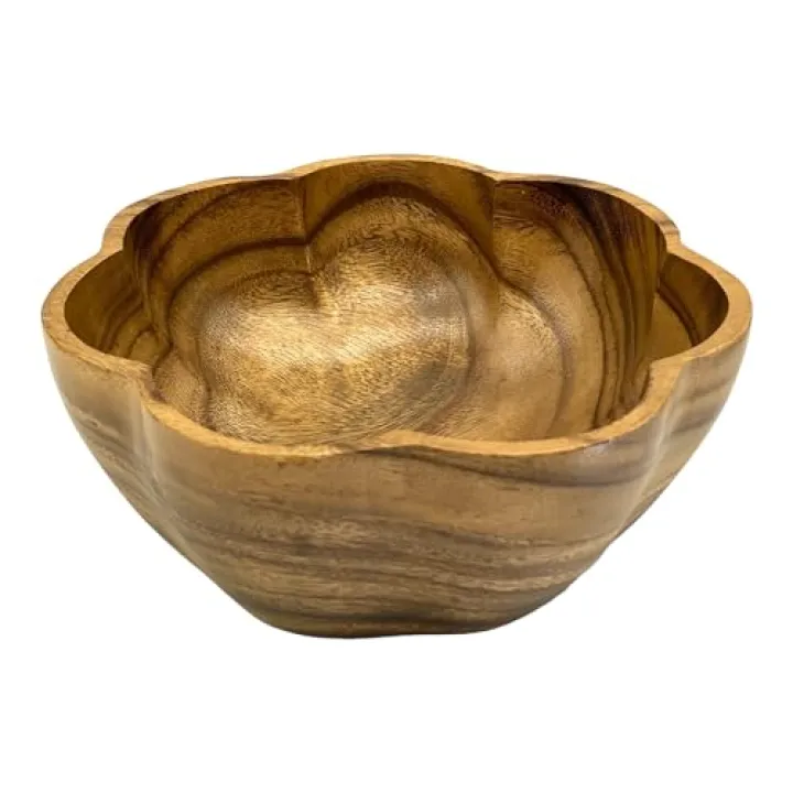 WRIGHTMART Round Wooden Serving Bowl, Circular Scalloped Shape, Hand Carved Acacia Wood Bowl for Food, Salad, Fruit, Popcorn, Decorative Display, for the Dining Table and Kitchen, 10" x 4.5"